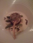 Asparagus Tip Salad, Dressed with a Cream of Salsify.

Black truffles & aged Xeres vinegar topped with foie gras & pistachio "marble".